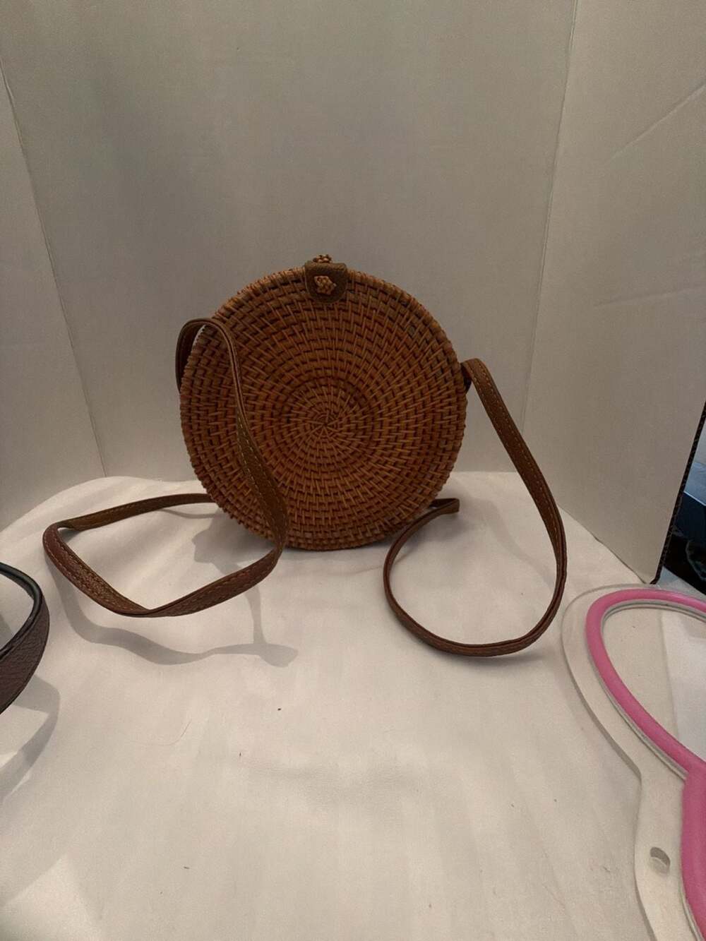 Unbranded Handwoven Round Rattan Bag Crossbody Purse Brown Leather Strap